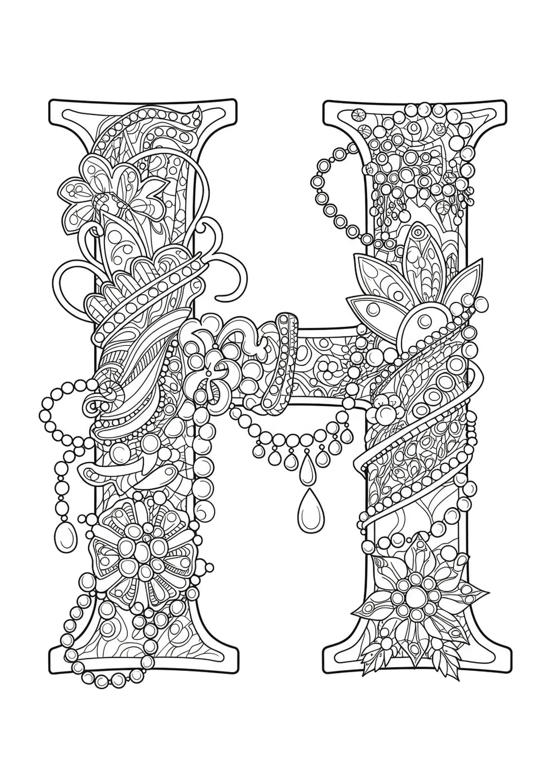 Letter H adorned with intricate jewelry settings, gemstones, and ornamental patterns for adult coloring.