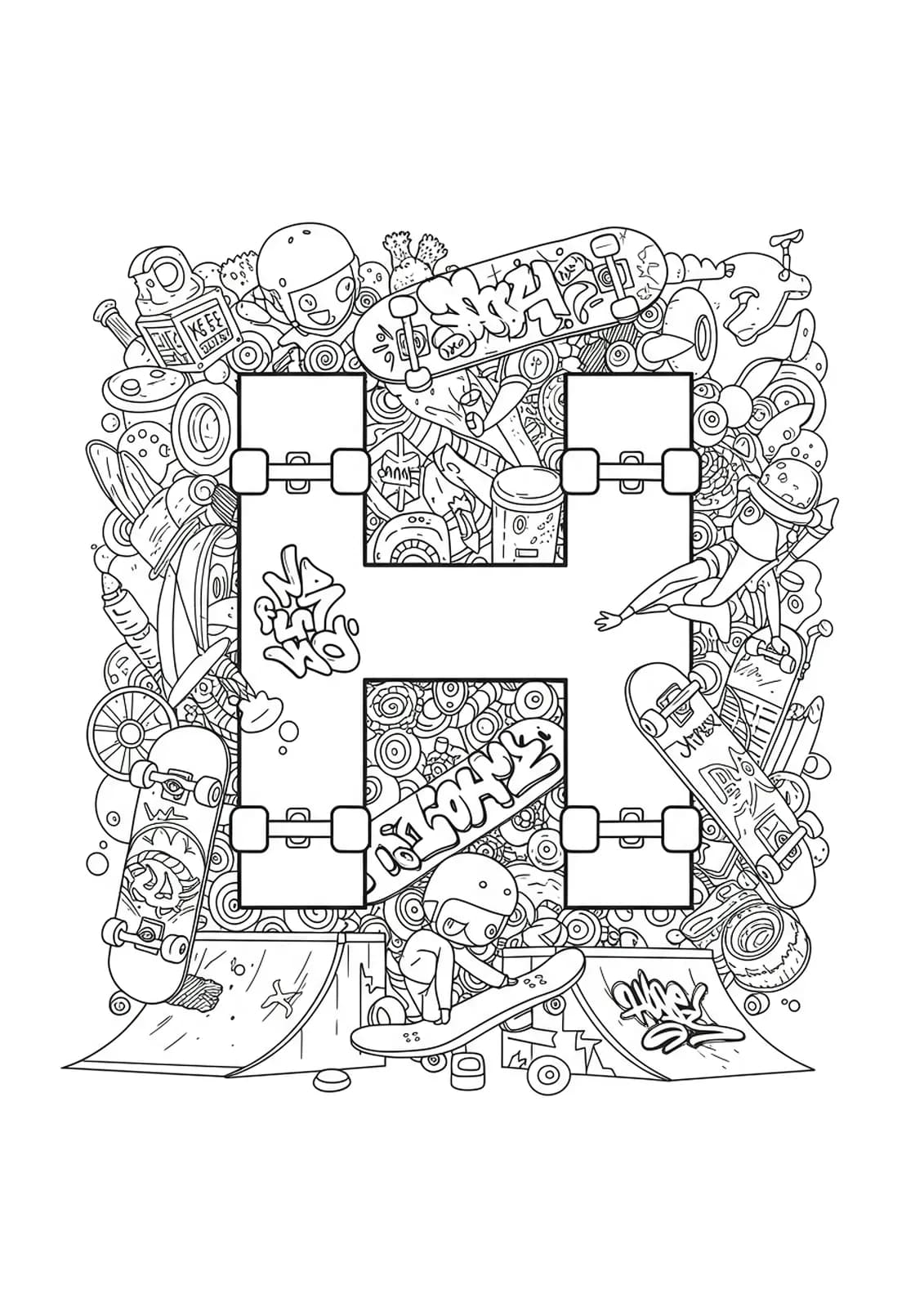 Skatepark-themed letter H with detailed skateboards, ramps, graffiti, and action lines for coloring