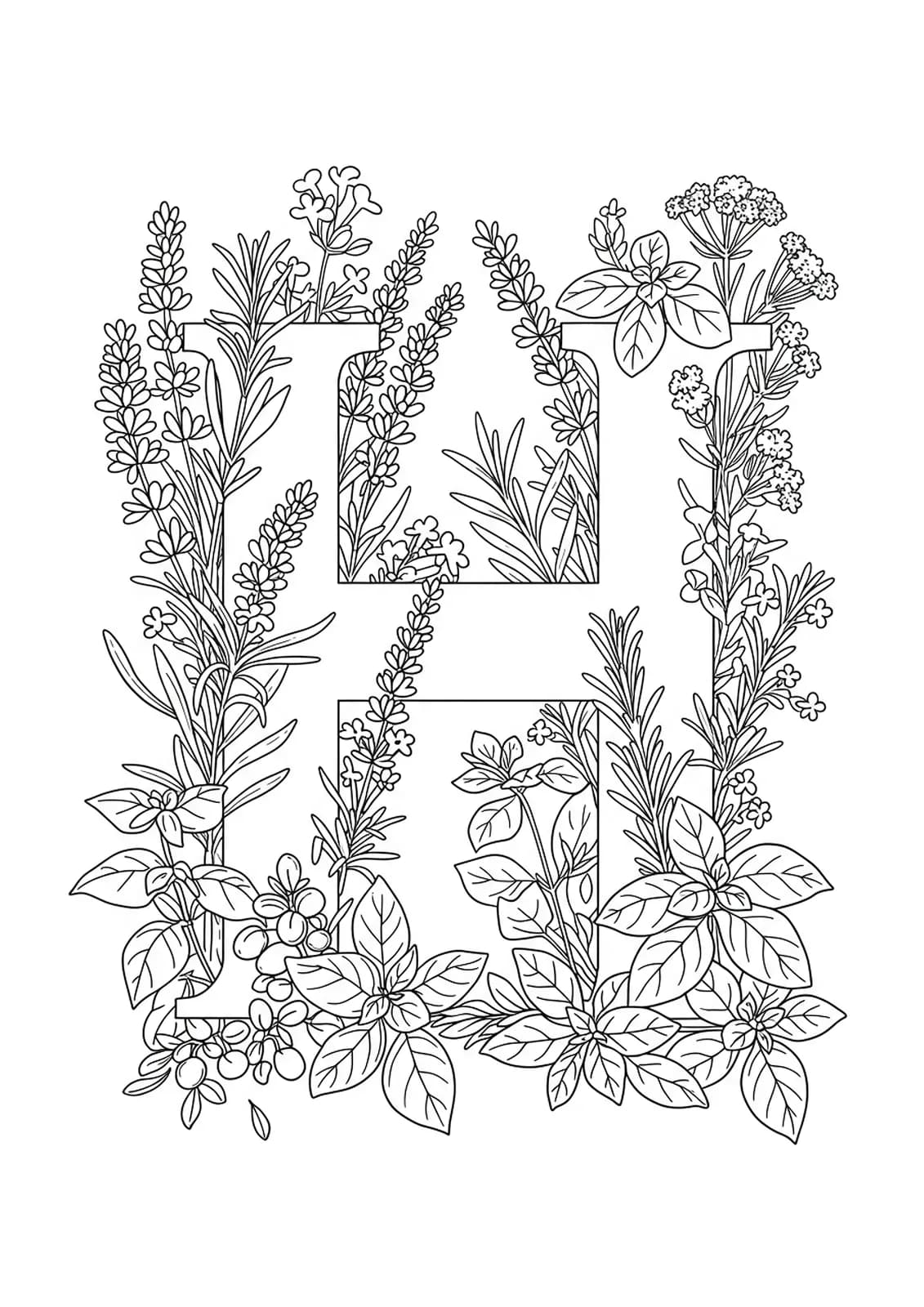 Botanical herb-themed letter H with sprigs of lavender, rosemary, and basil for adult coloring.