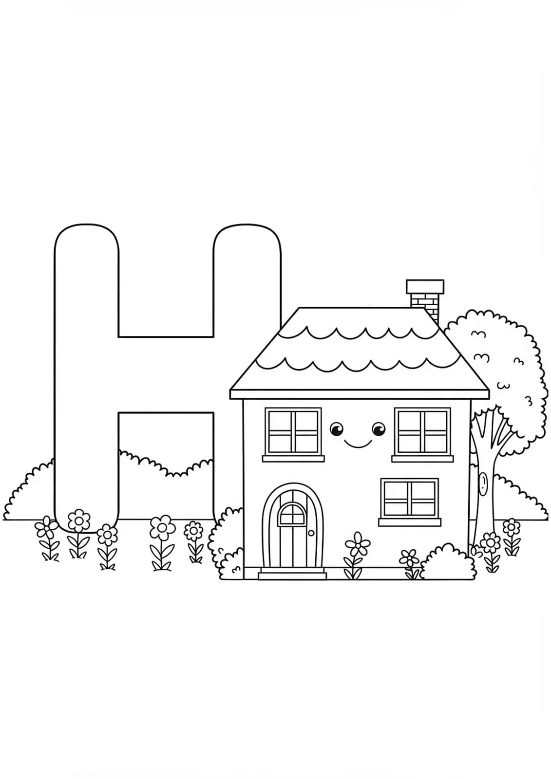 Coloring page of letter H with a house, flowers, and tree for preschoolers.