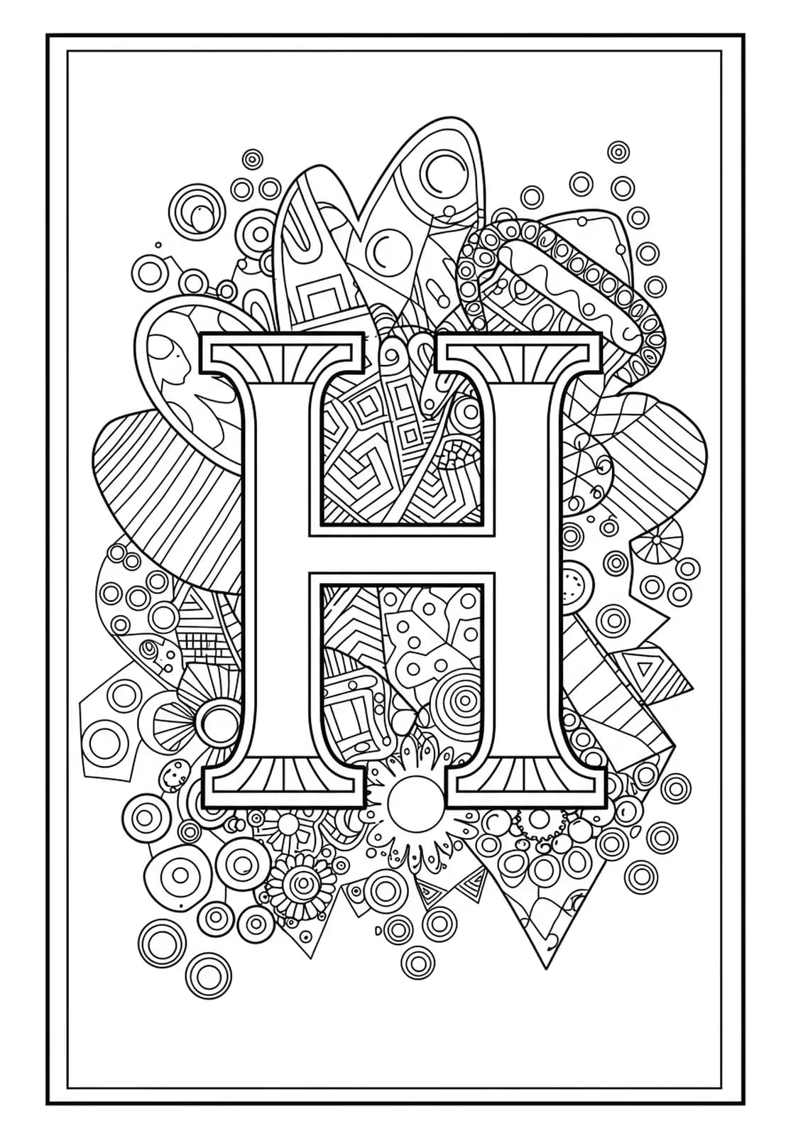 Printable letter H with simple geometric shapes and patterns for easy adult coloring.