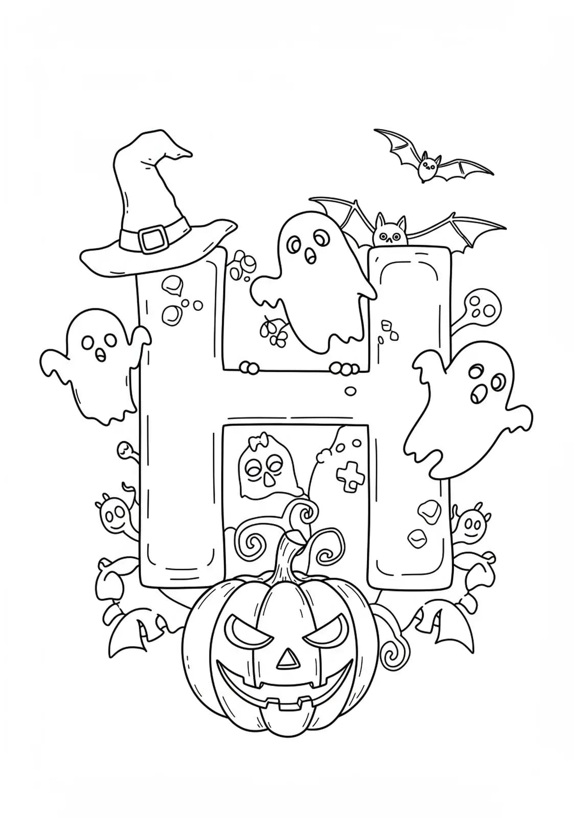 Coloring page of letter H with Halloween elements like ghosts, pumpkins, and bats for preschoolers.