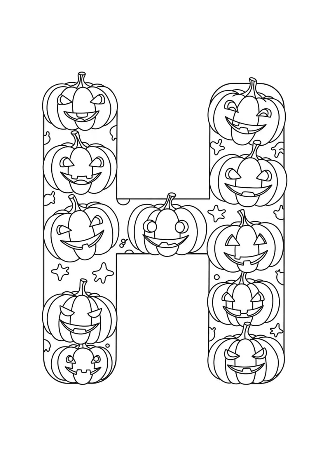 large letter H with happy Jack-o'-lantern pumpkins around it, simple preschool coloring page