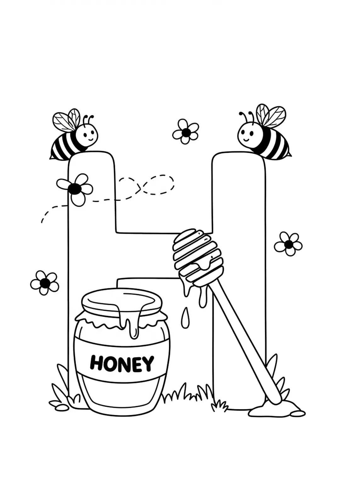 Coloring page of letter H with a honey jar, honey dipper, and bees for preschoolers.