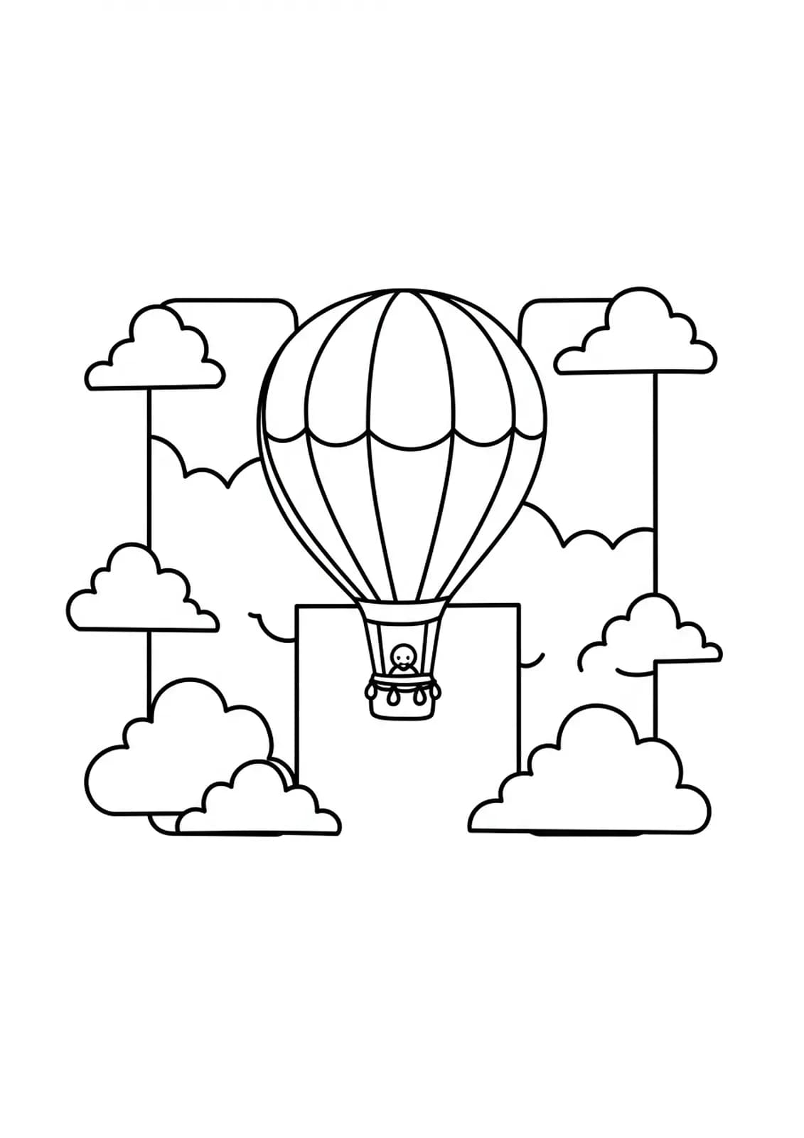 Large letter H with a hot air balloon and clouds for kids to color.