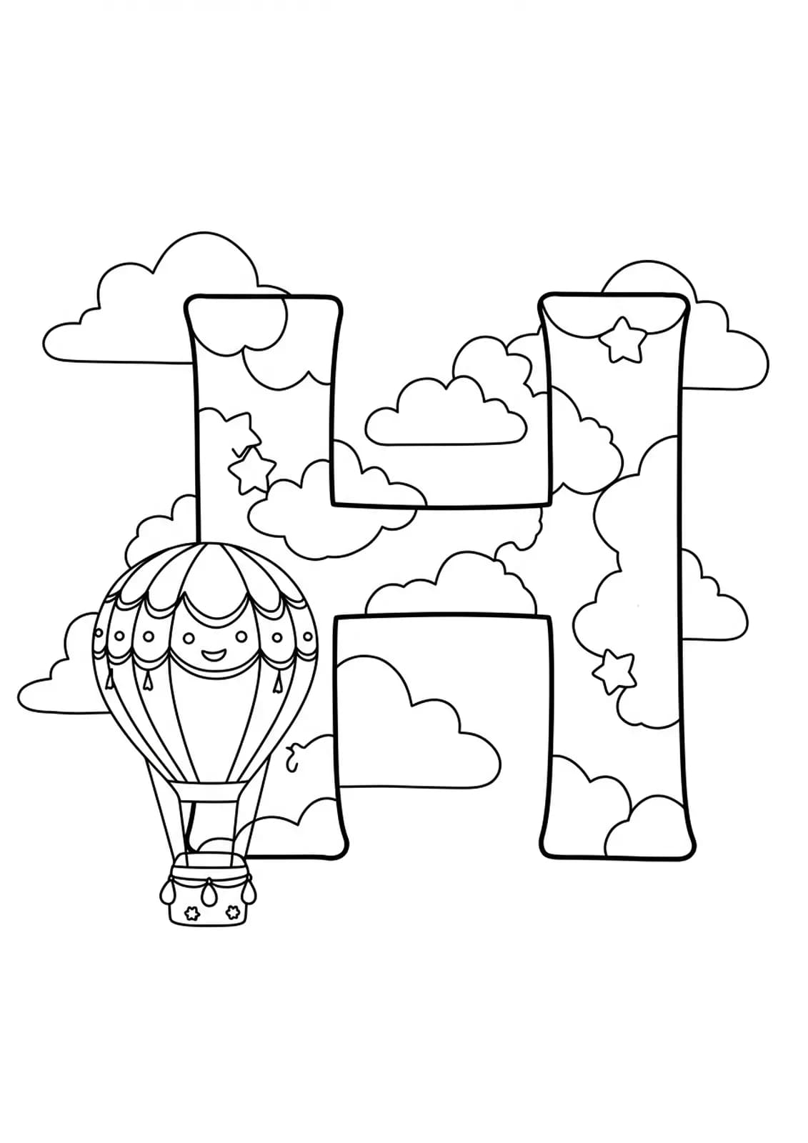 Coloring page of letter H with a hot air balloon and clouds for preschoolers.