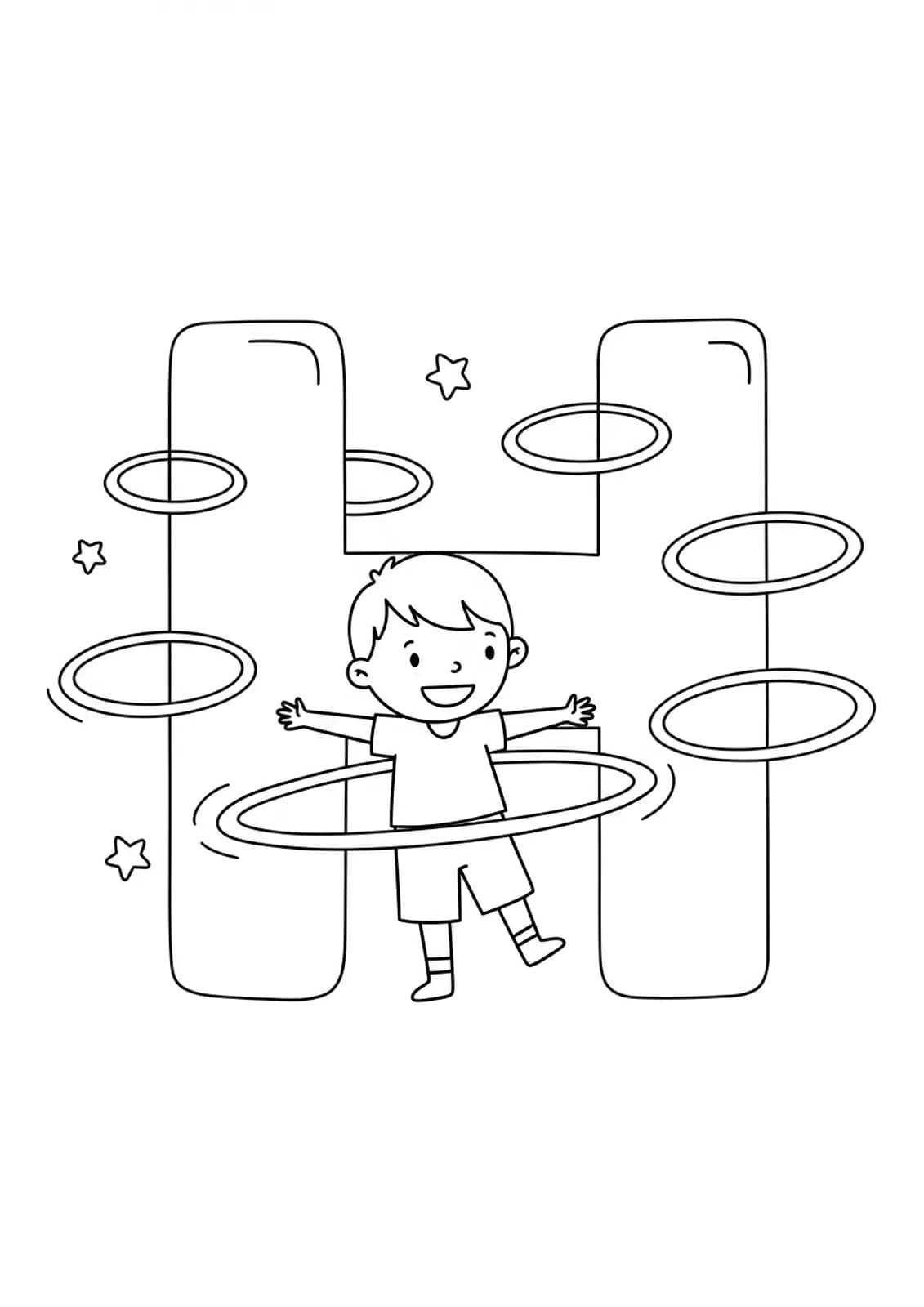 Coloring page of letter H with a child playing with a hula hoop for preschoolers.