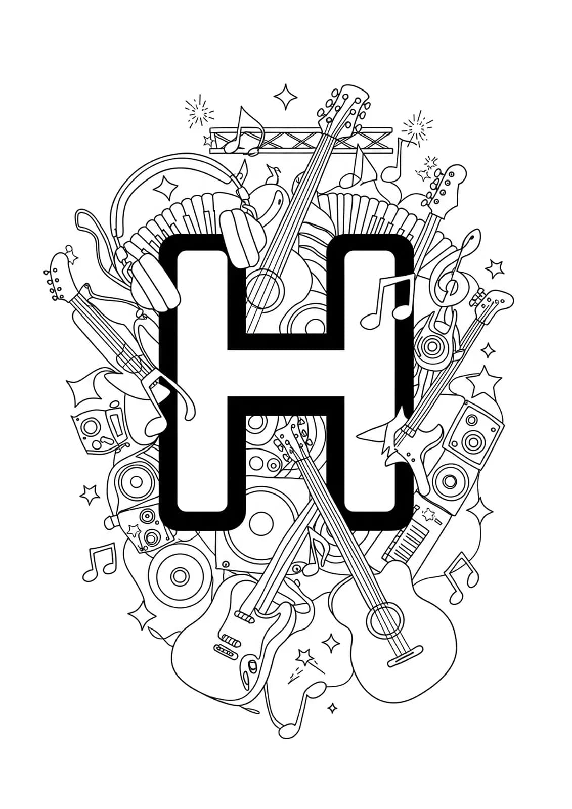 Letter H with music festival elements like guitars, speakers, headphones, and notes in black and white line art