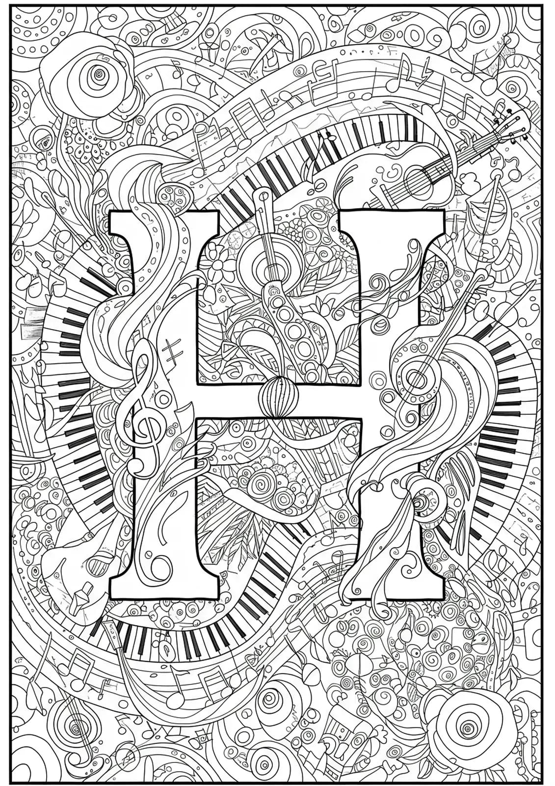 Musical themed letter H with notes, staffs, and instruments for adult coloring.