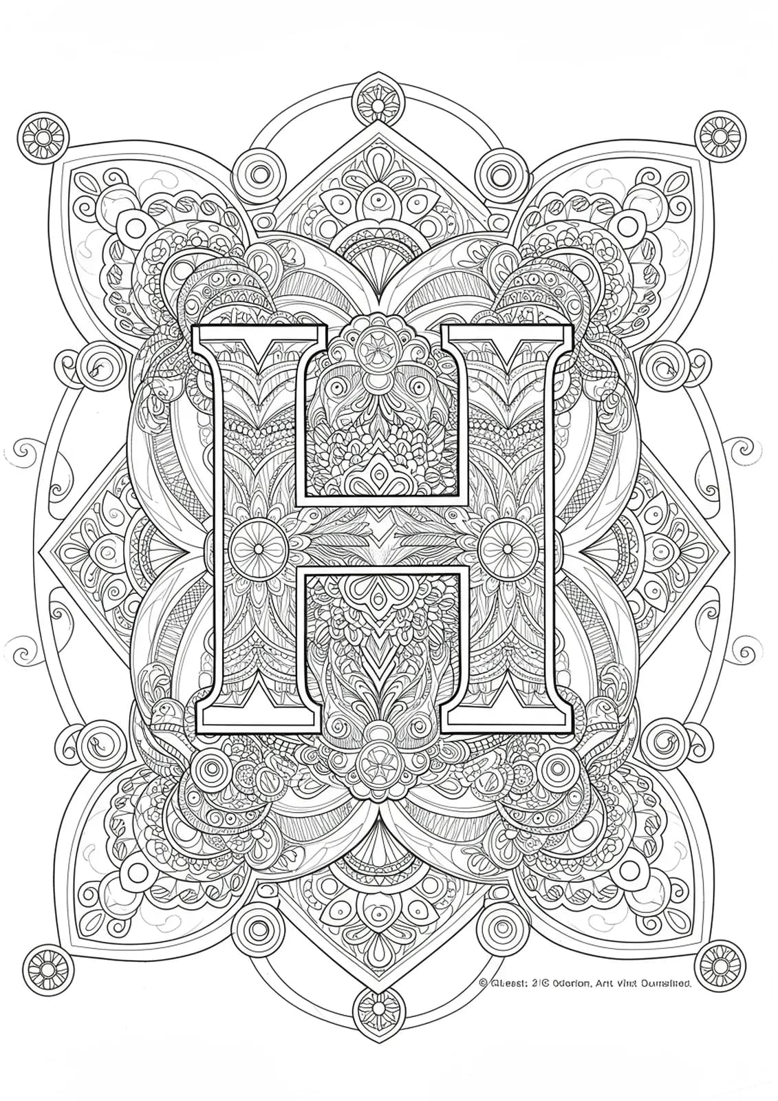 Letter H embellished with sacred geometric shapes and patterns for adult coloring.