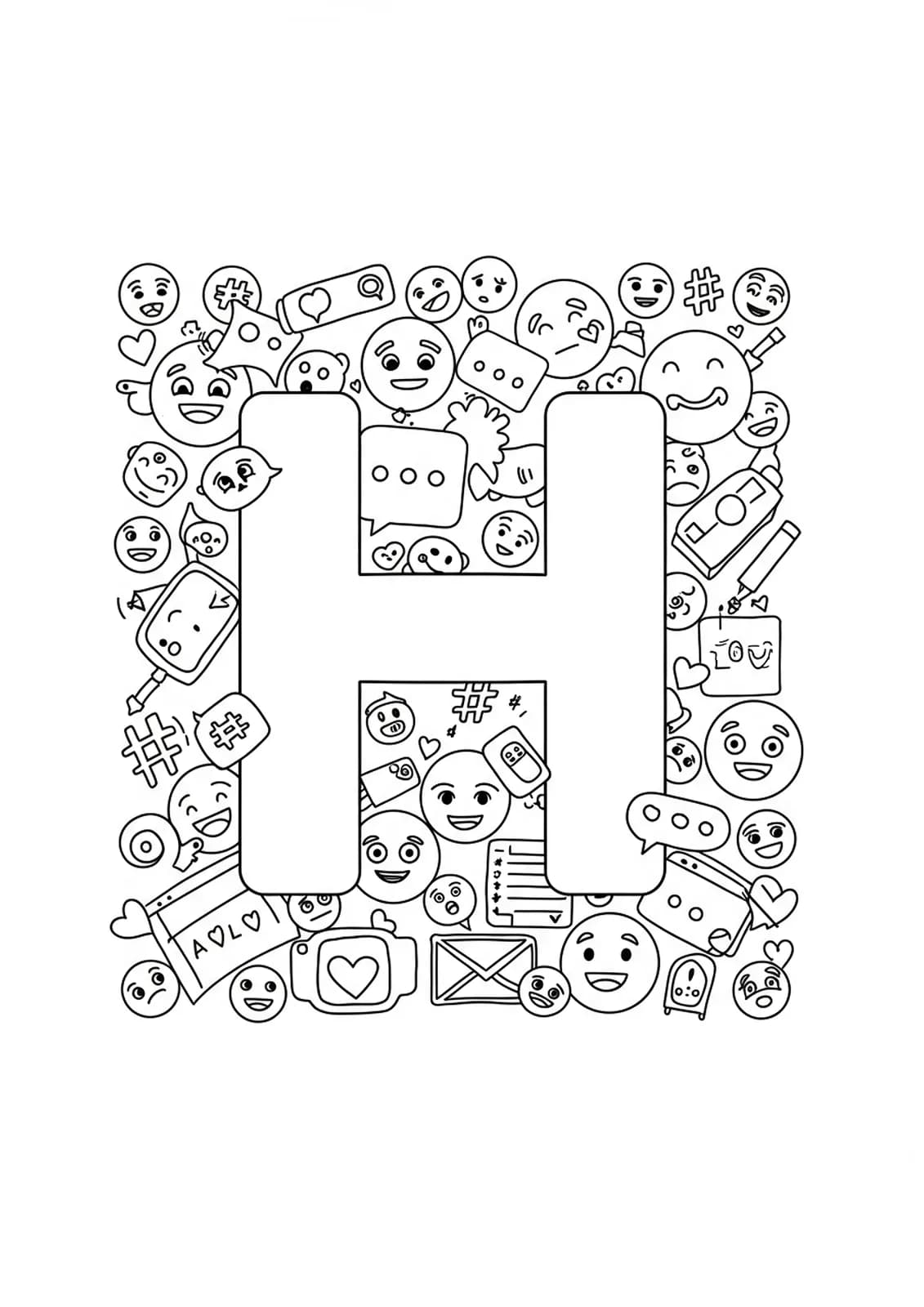 Letter H with social media icons, hashtags, message bubbles, and emojis in medium-complexity black and white line art