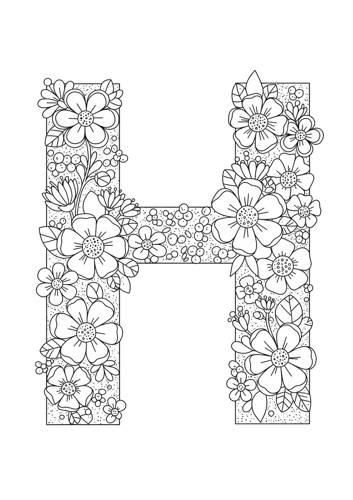 large letter H with simple spring flowers around it, easy coloring for preschool