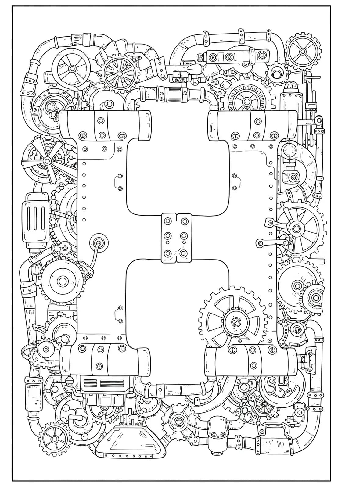 Letter H surrounded by steampunk gears, pipes, and clockwork elements in black and white medium-detail line art