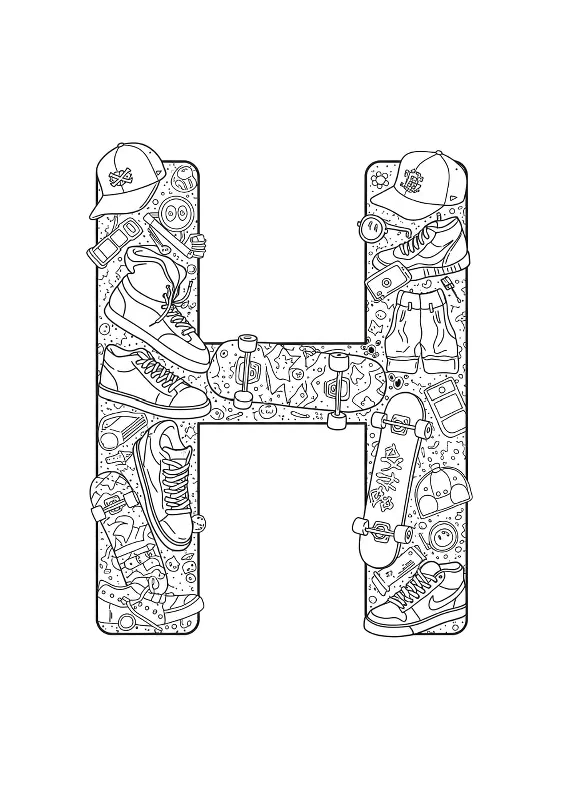 Letter H with streetwear items like sneakers, caps, hoodies, and skateboards in black and white line art
