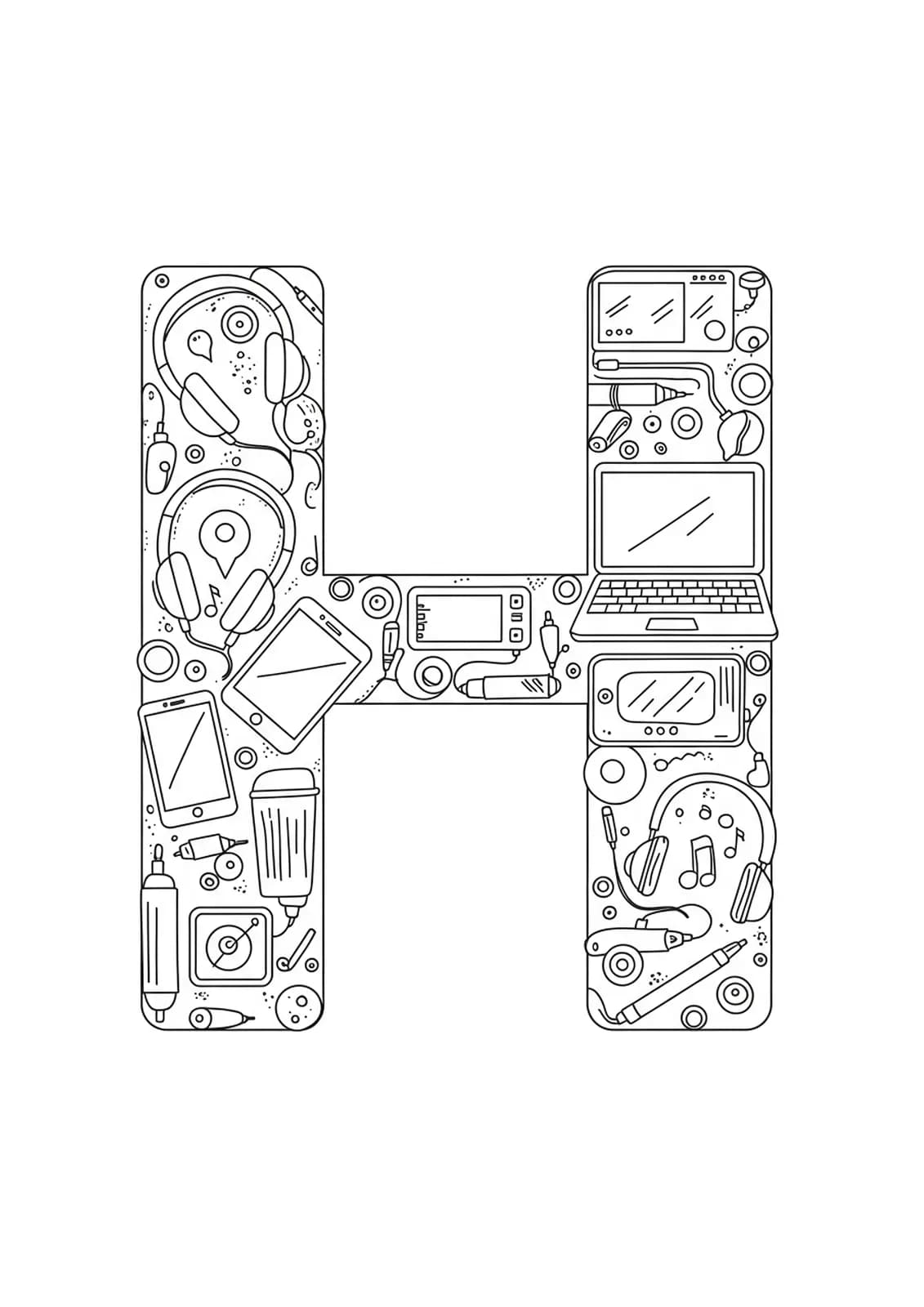 Letter H surrounded by large, simple tech gadget drawings for easy adult coloring.
