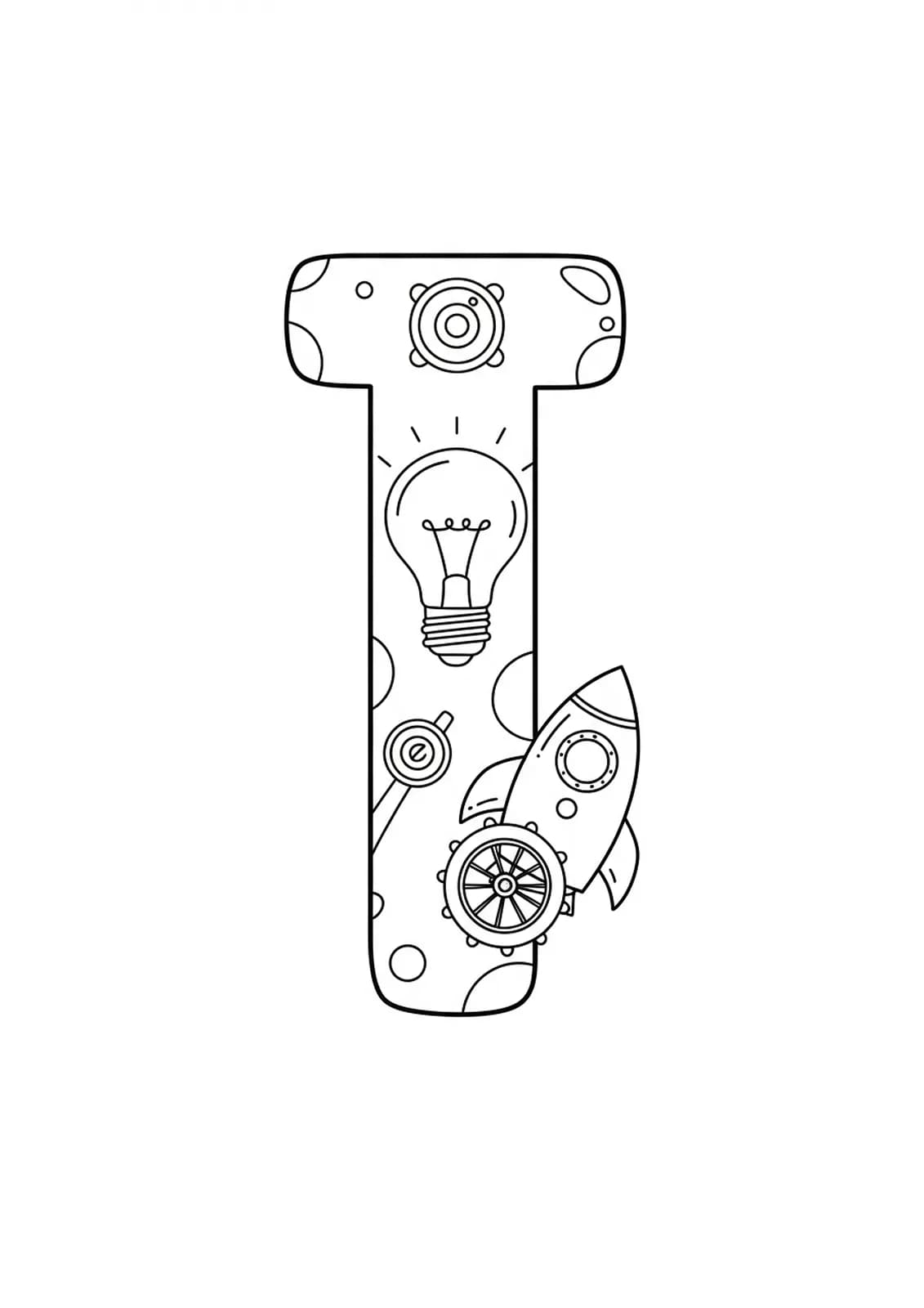 Large letter I with drawings of a light bulb, wheel, and rocket around it.