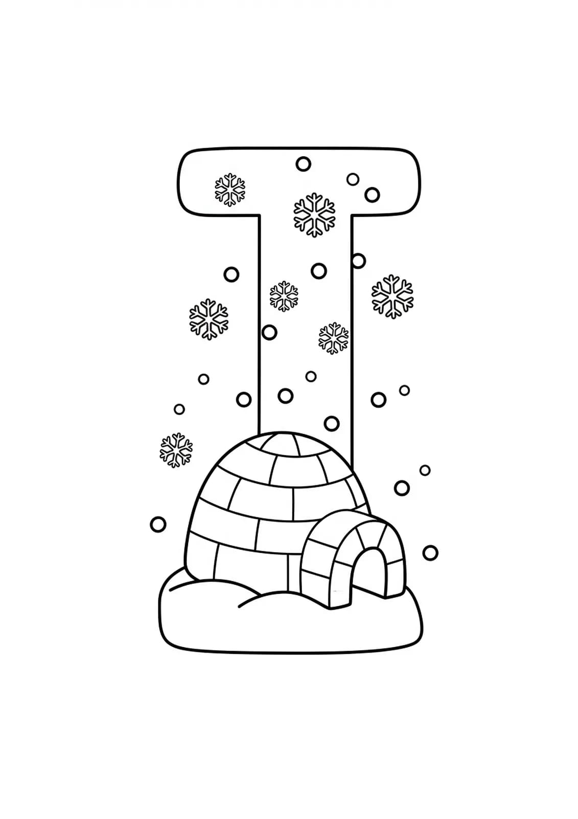 Letter I with an igloo and snowflakes, easy winter coloring page for kids