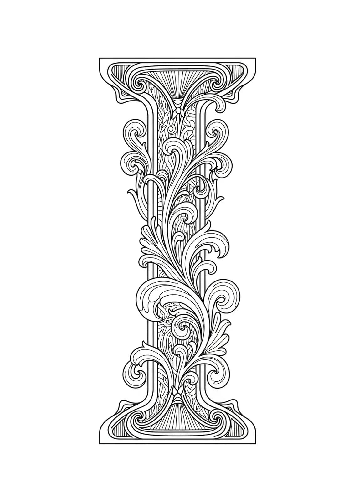 Elaborate Art Nouveau style line art with the letter I, featuring swirling floral and architectural motifs.