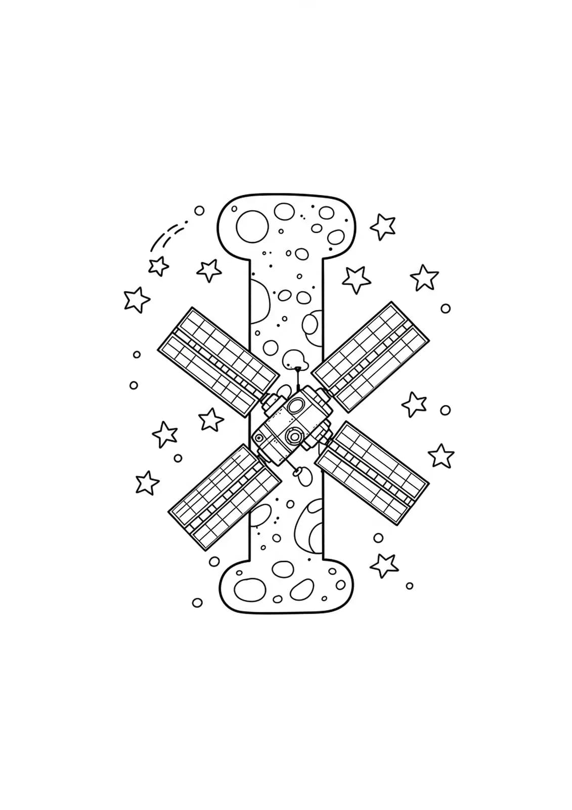 Letter I with a cartoon International Space Station and stars, easy coloring page
