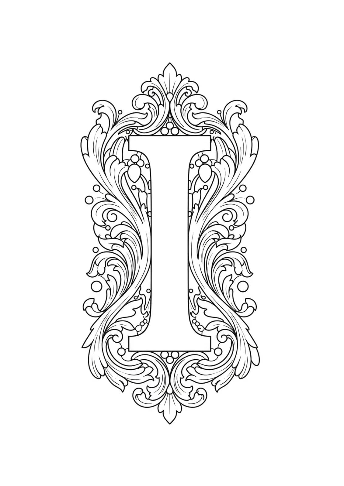 Letter I embedded in ornate baroque filigree, scrollwork, and decorative ornaments.