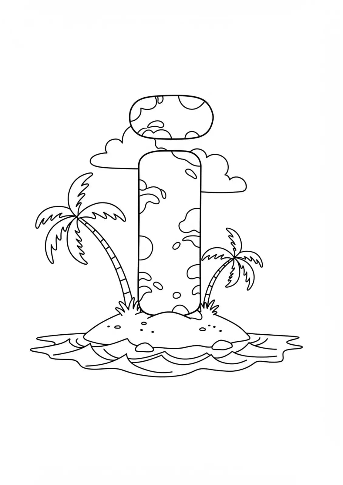 Easy island-themed letter I coloring page with palm trees, waves, and sand around the letter.