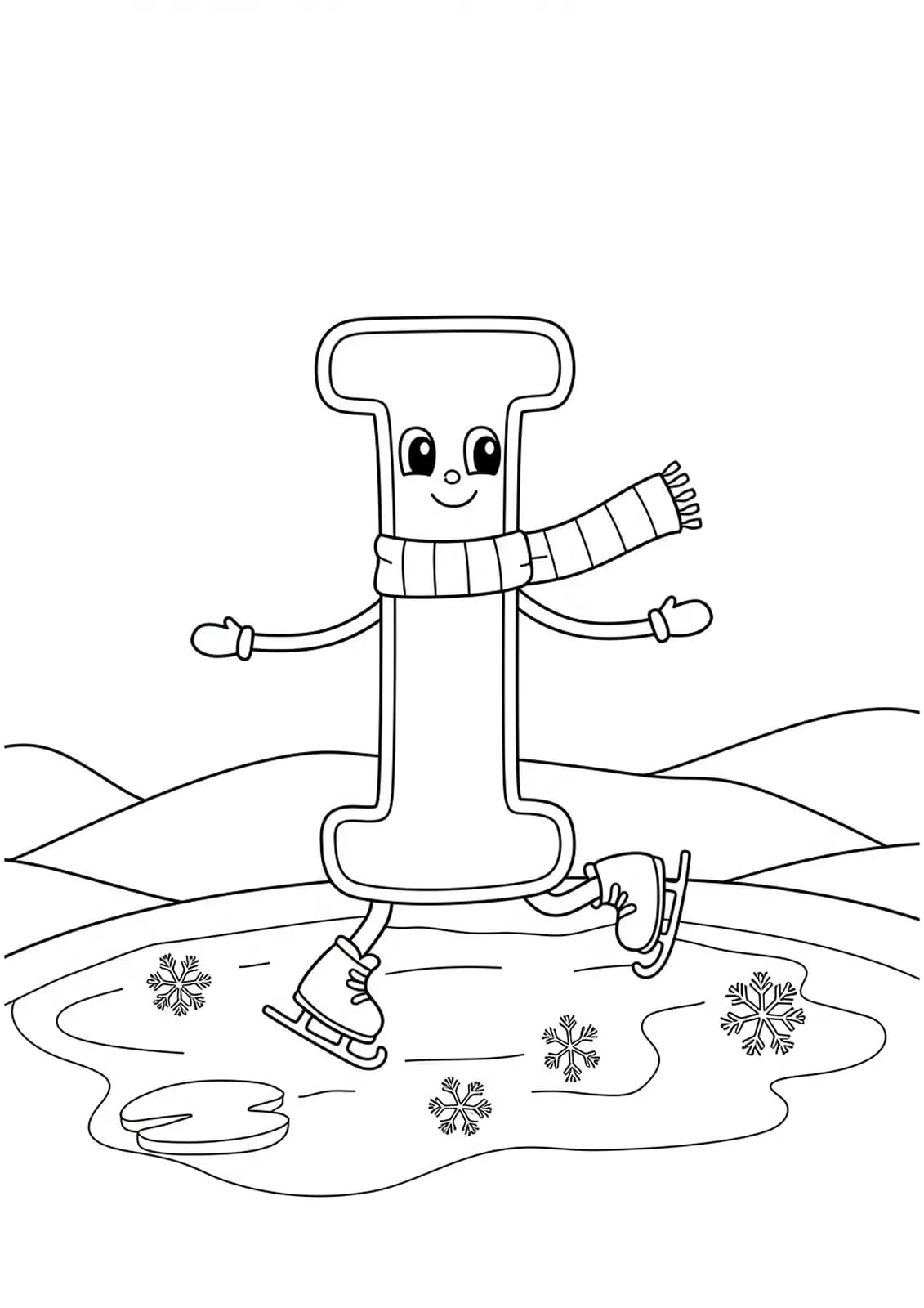 Large letter I wearing a scarf, ice skating on a pond with snowflakes.