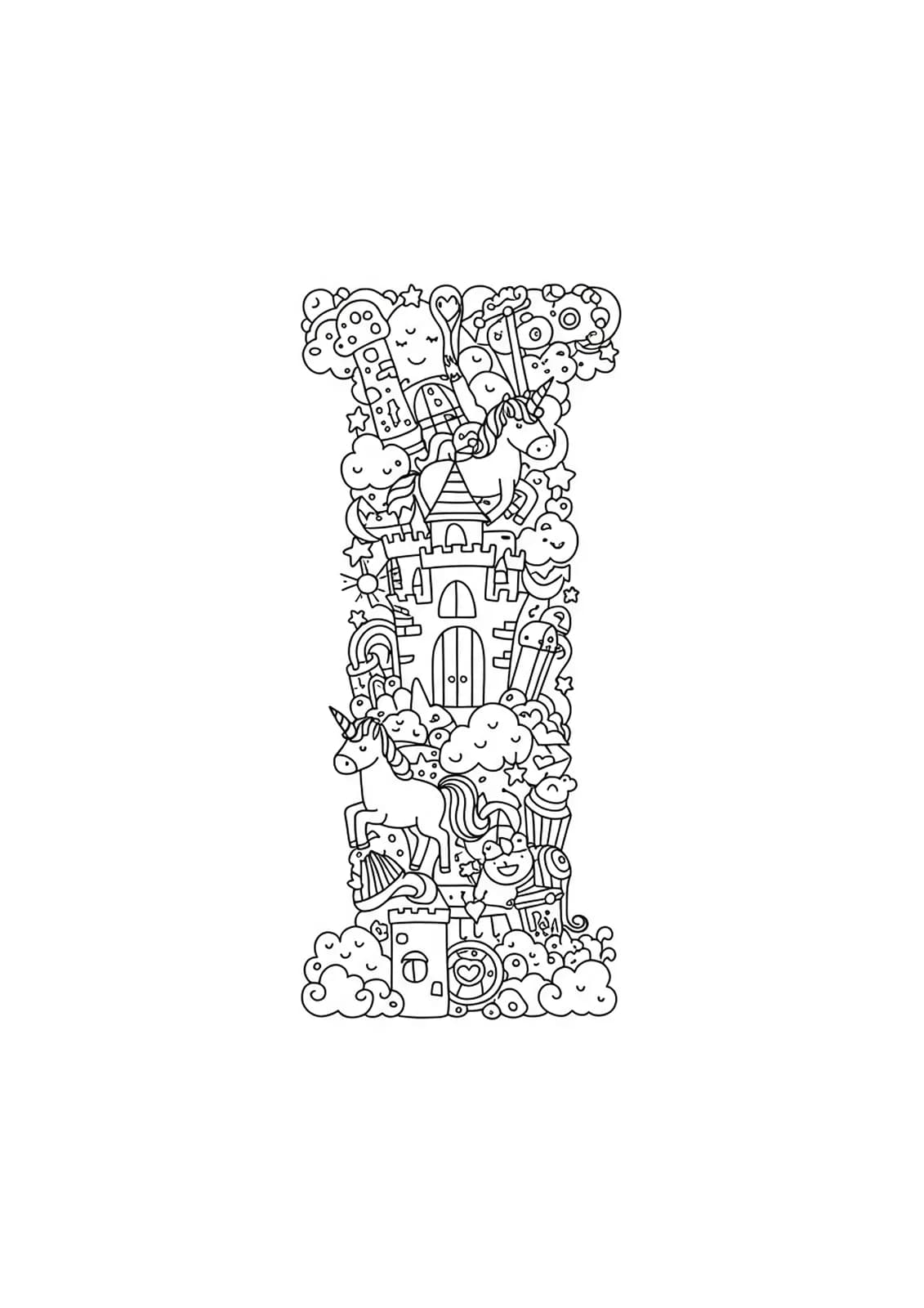 Letter I surrounded by castles, unicorns, clouds, and stars in a fantasy land, hard for preschool coloring.
