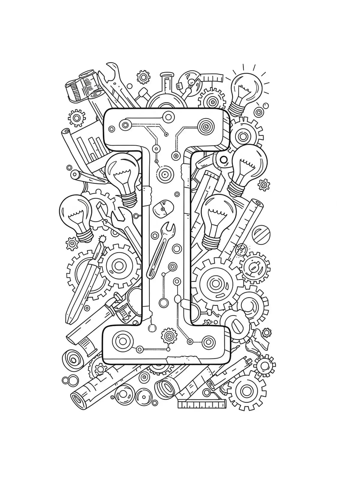 Letter I surrounded by detailed gears, blueprints, tools, and light bulbs for coloring in an inventor theme.