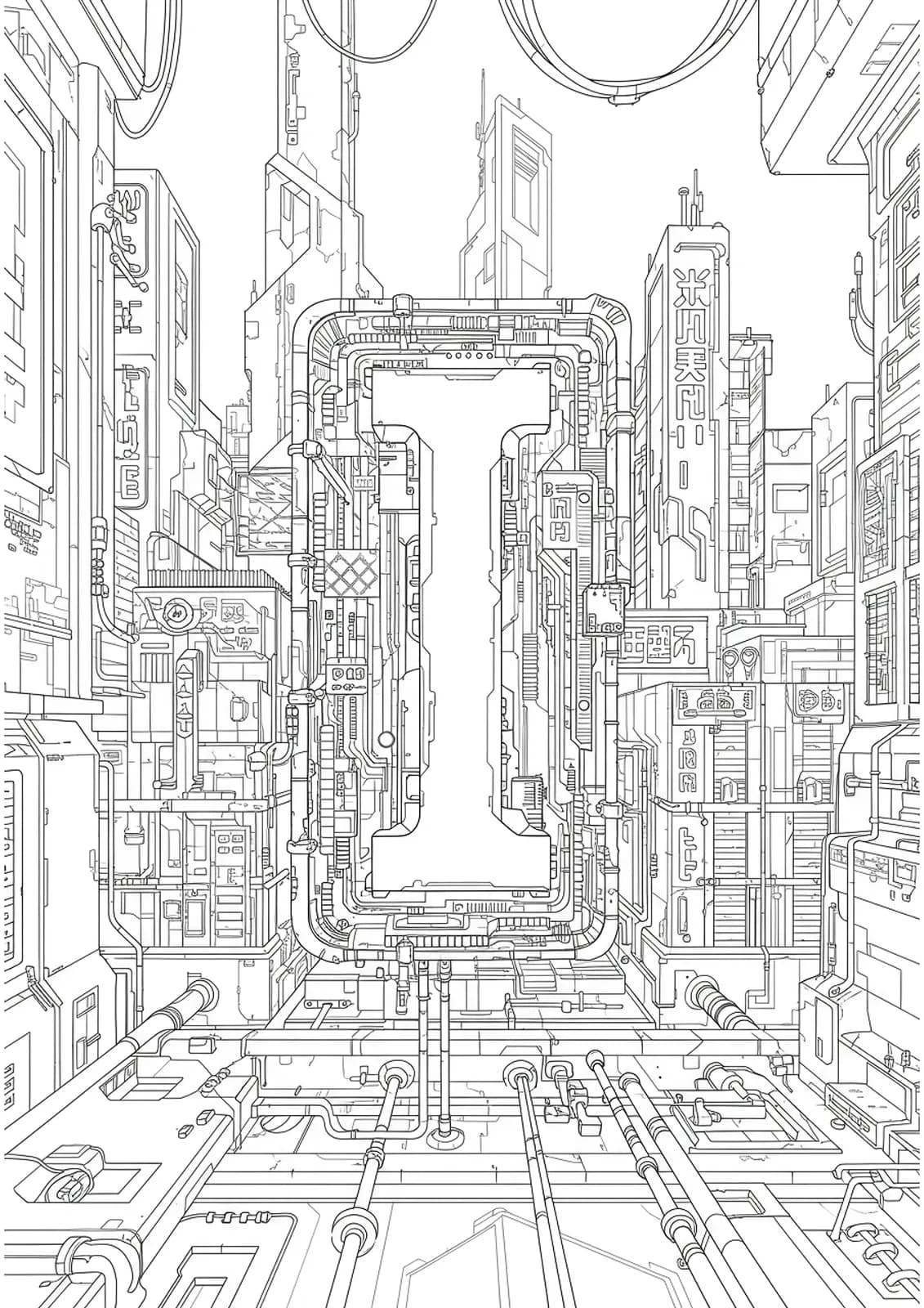 Letter I amidst a detailed cyberpunk cityscape with circuit lines and futuristic elements.