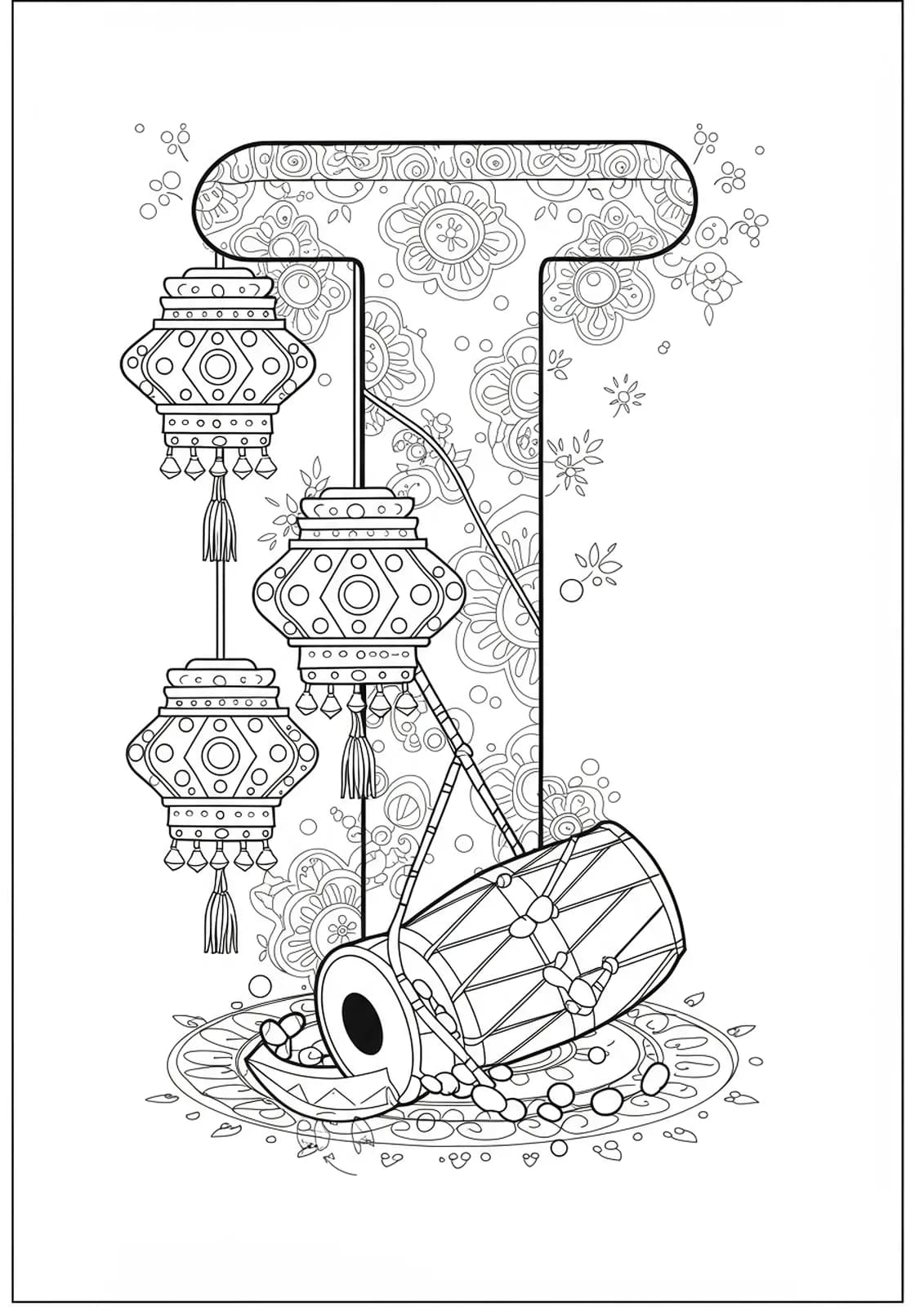 Letter I with Indian festival lanterns and a drum, easy holiday coloring page