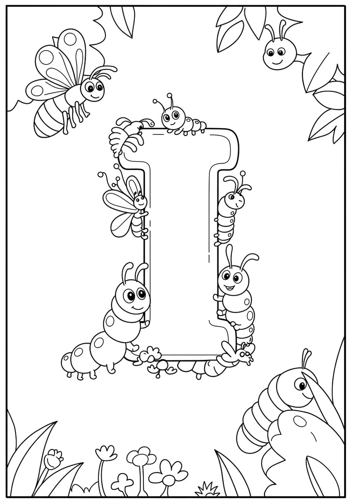 Large letter I with friendly insects and caterpillars, easy coloring page for kids