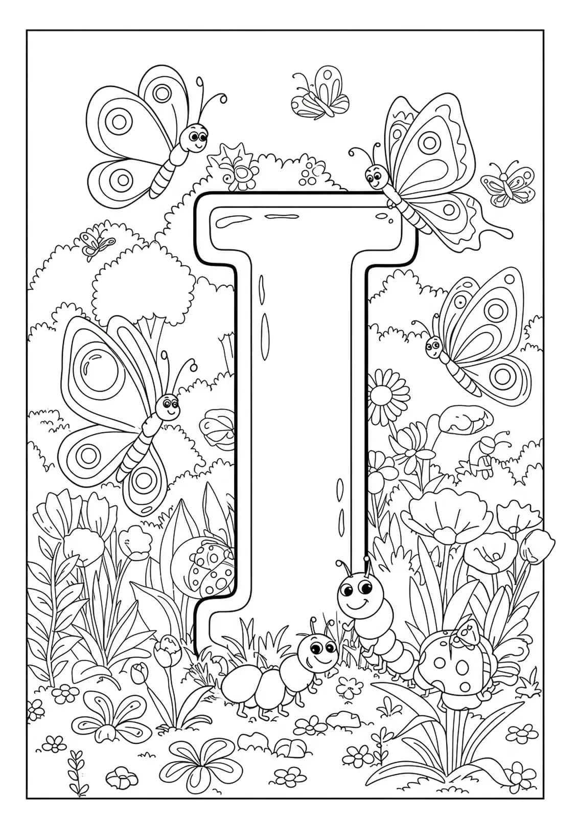 Large letter I with garden insects like butterflies and ladybugs for coloring.