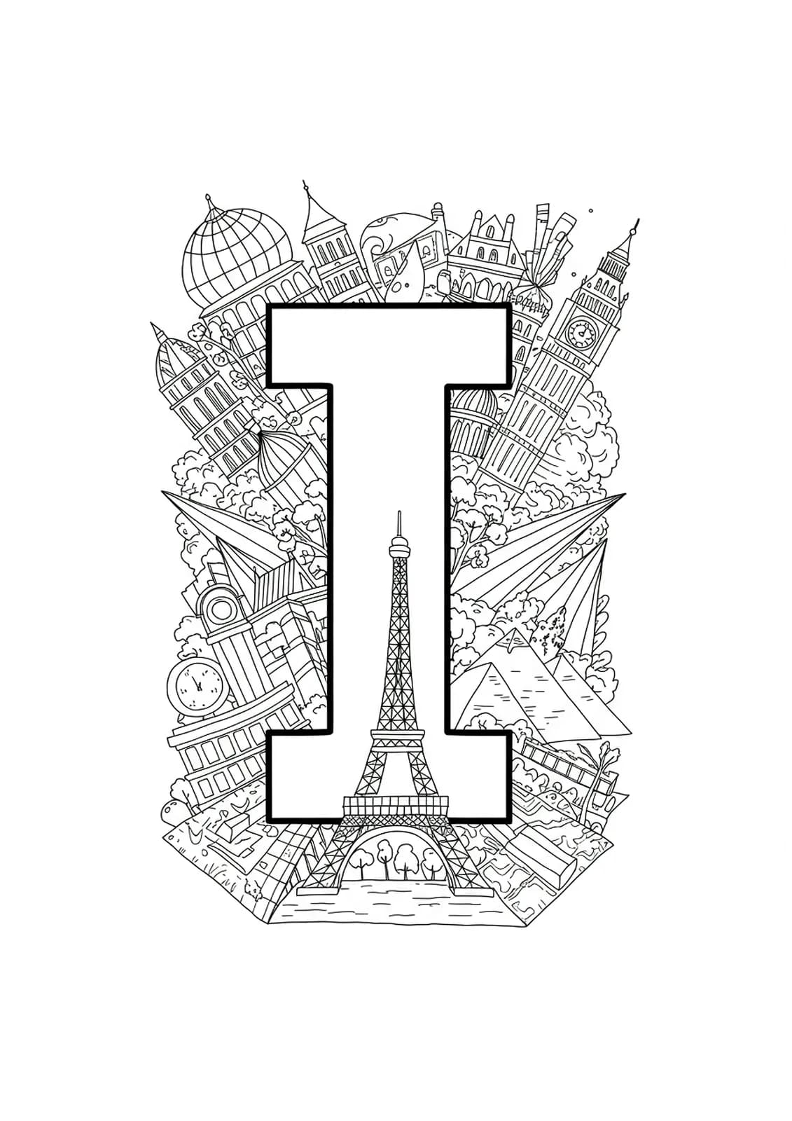 Letter I surrounded by detailed international landmarks like the Eiffel Tower and pyramids for coloring.