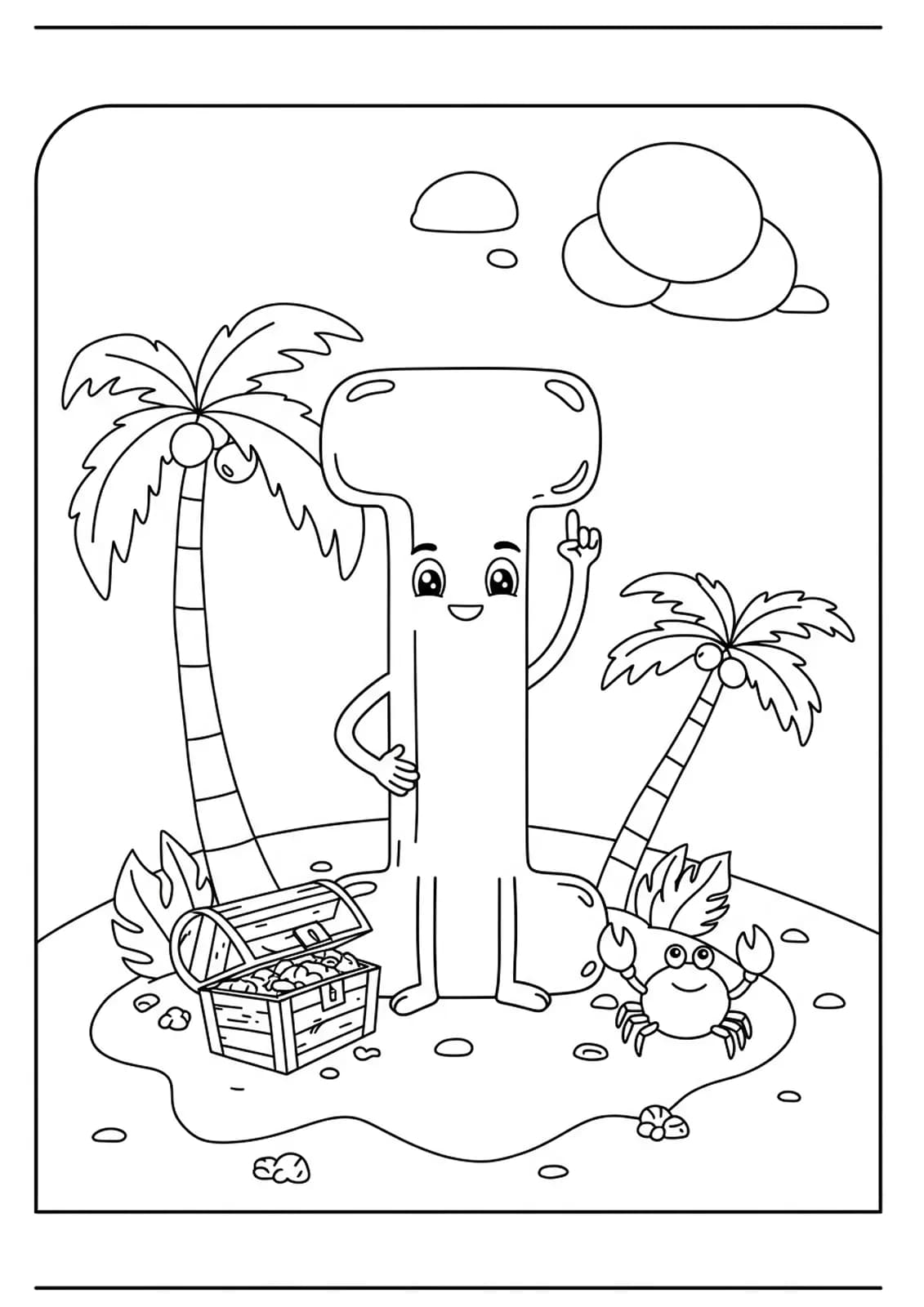 Large letter I standing on an island with palm trees, treasure, and a crab.