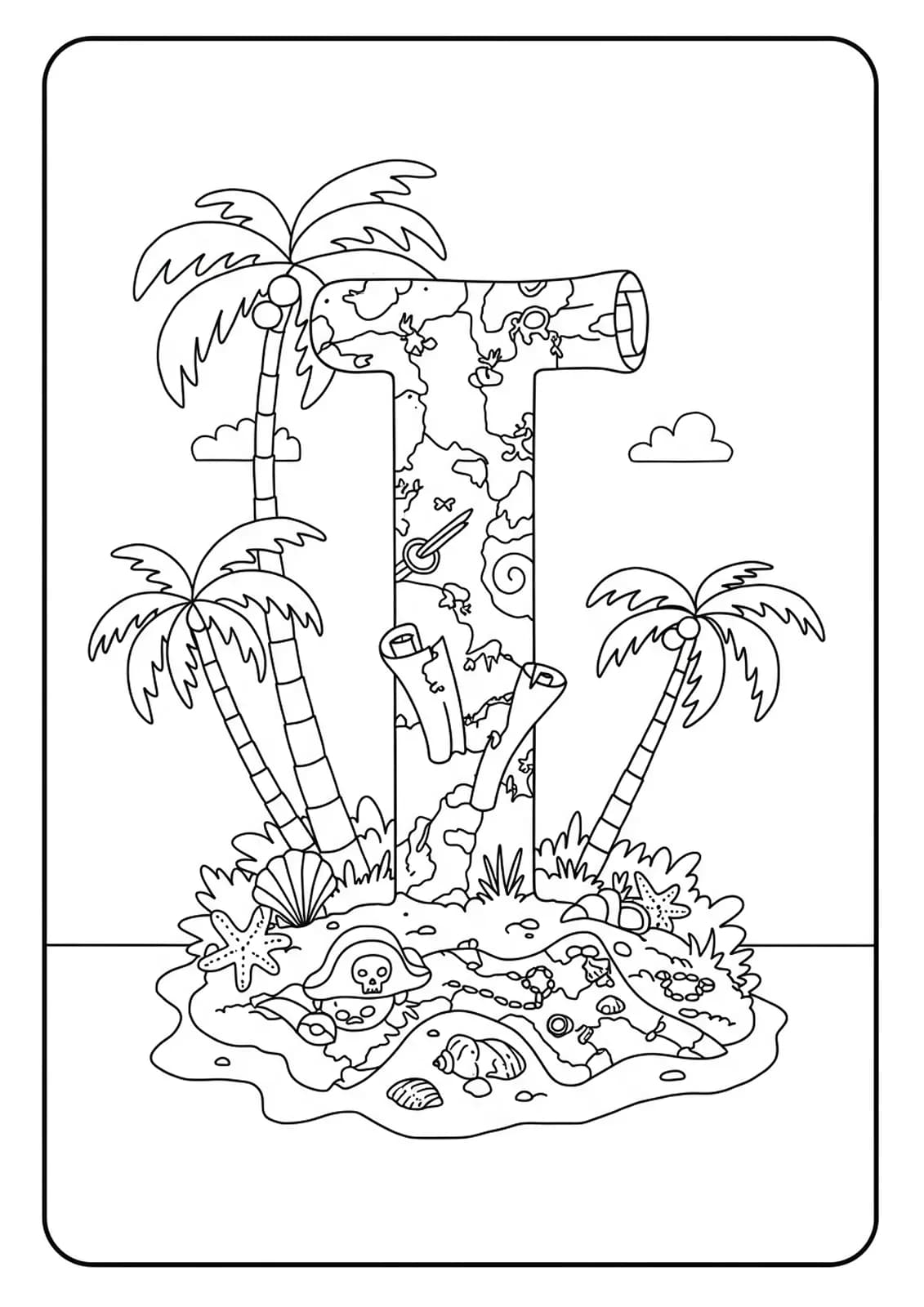Letter I on a tropical island with palm trees, seashells, and treasure map details, hard for preschoolers.
