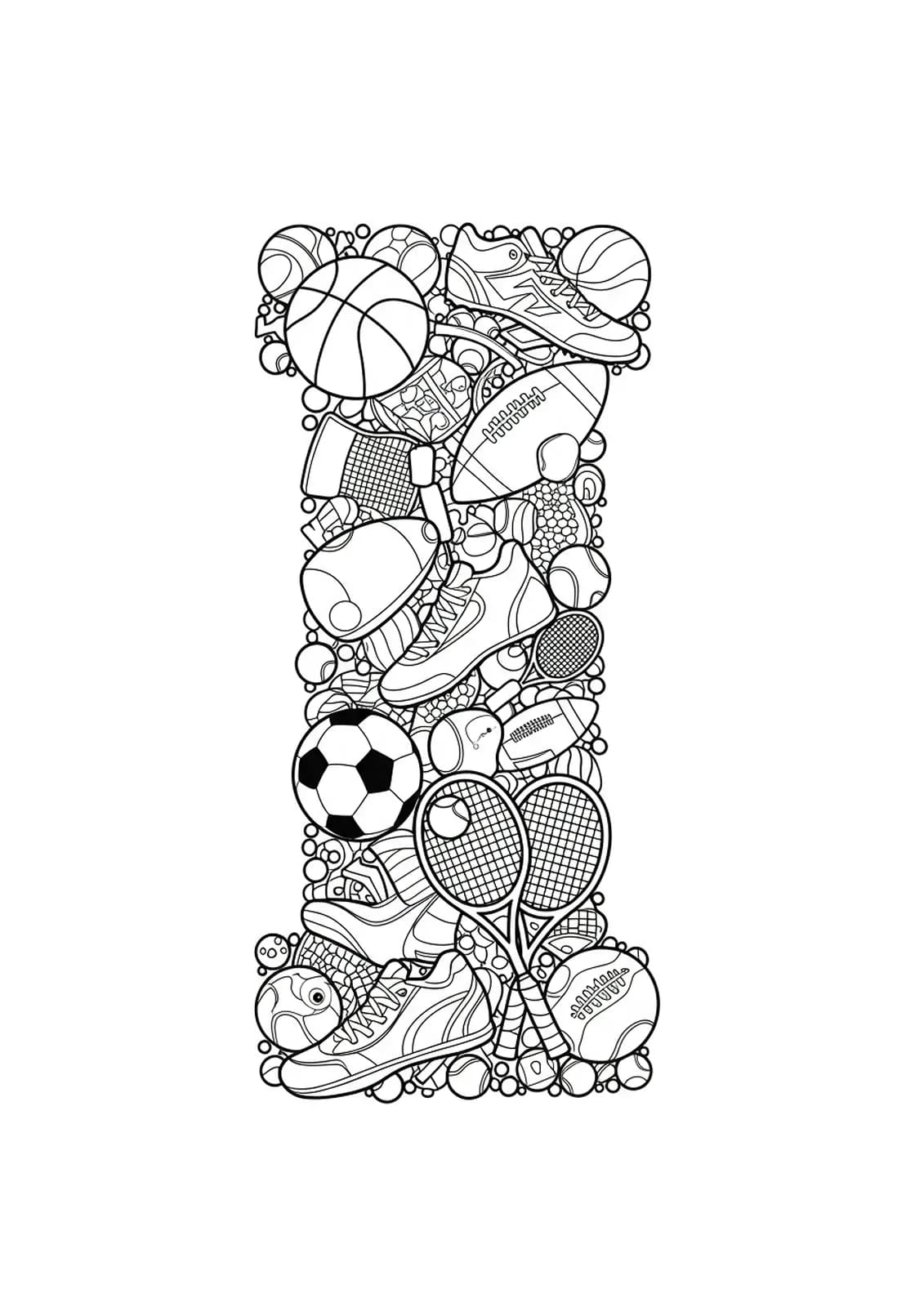 Letter I filled and surrounded by detailed sports equipment like balls, rackets, and shoes for coloring.
