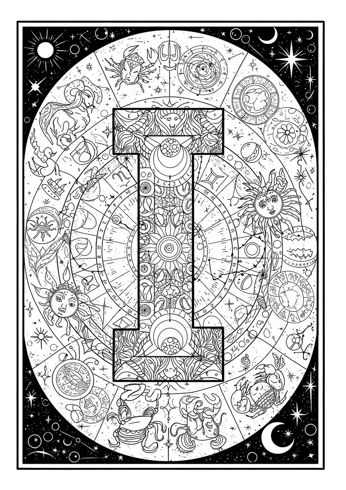 Letter I encircled by detailed zodiac symbols, cosmic orbits, and celestial designs.