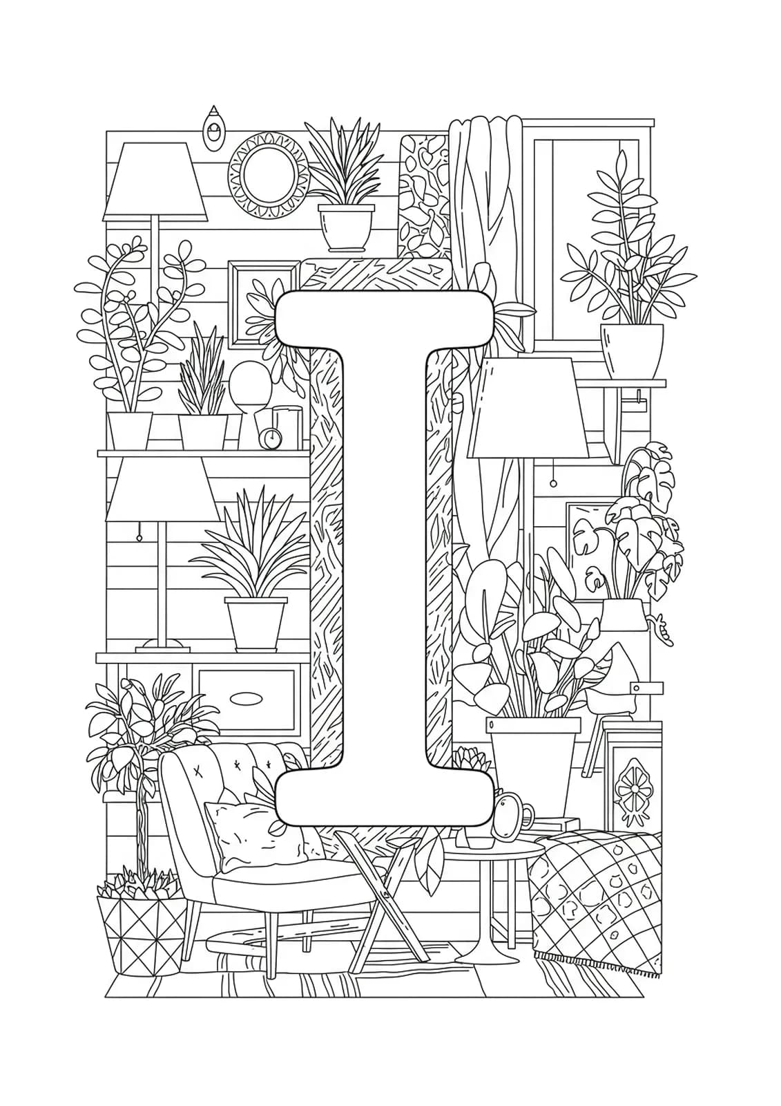 Letter I with interior design elements like furniture, lamps, and plants in a medium-difficulty coloring page.