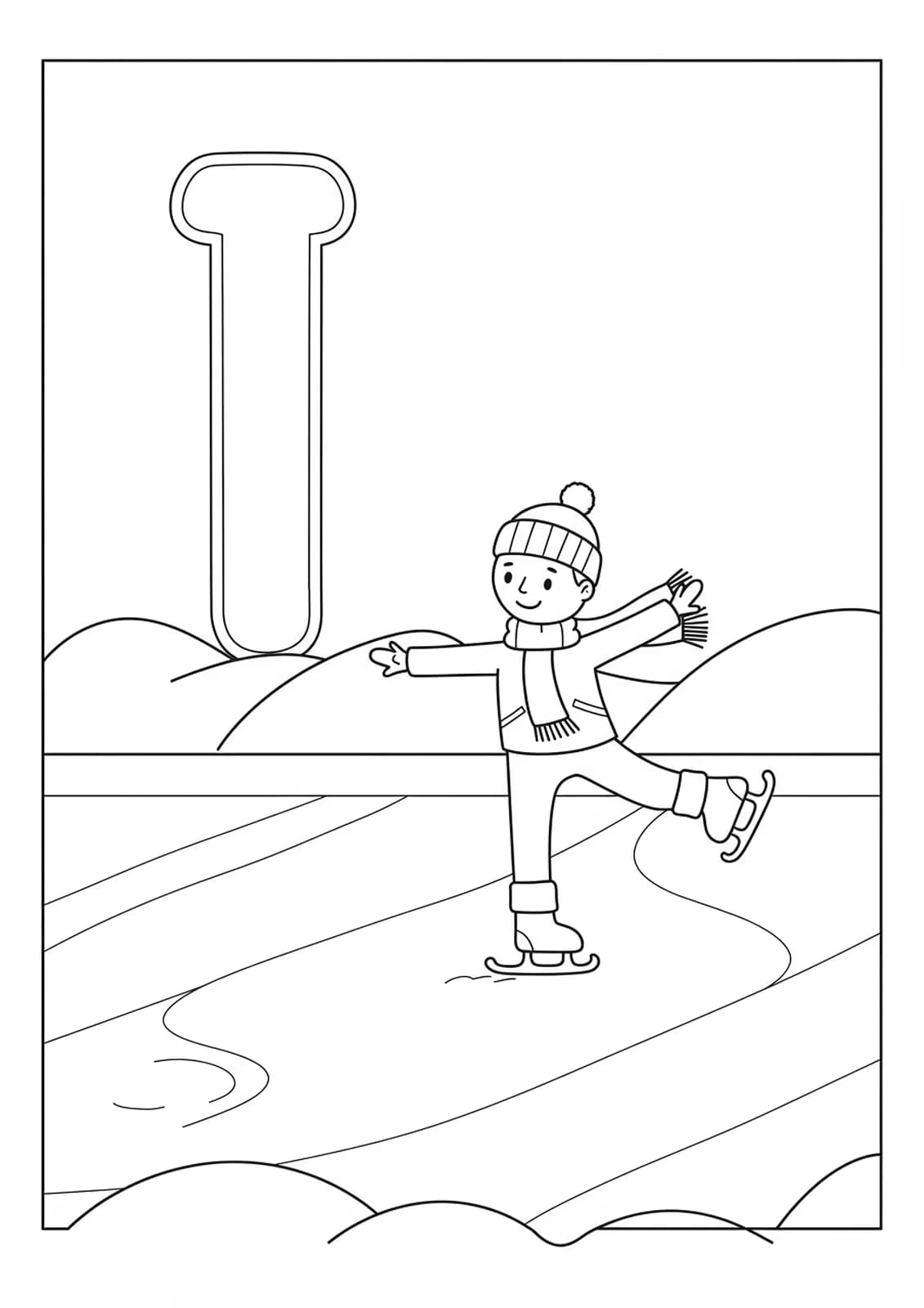 Letter I on an ice rink with an ice skater, easy sports coloring page for kids