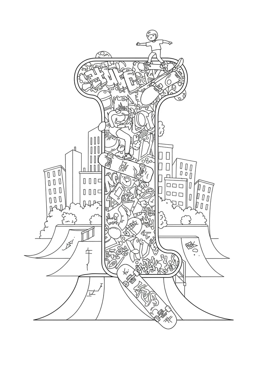 Letter I integrated into a complex urban skateboarding scene with ramps and city details.