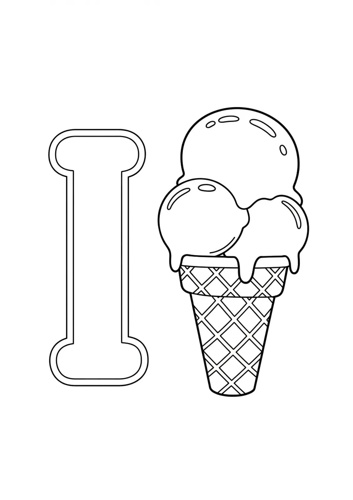 Simple letter I and large ice cream cone coloring page for preschool children