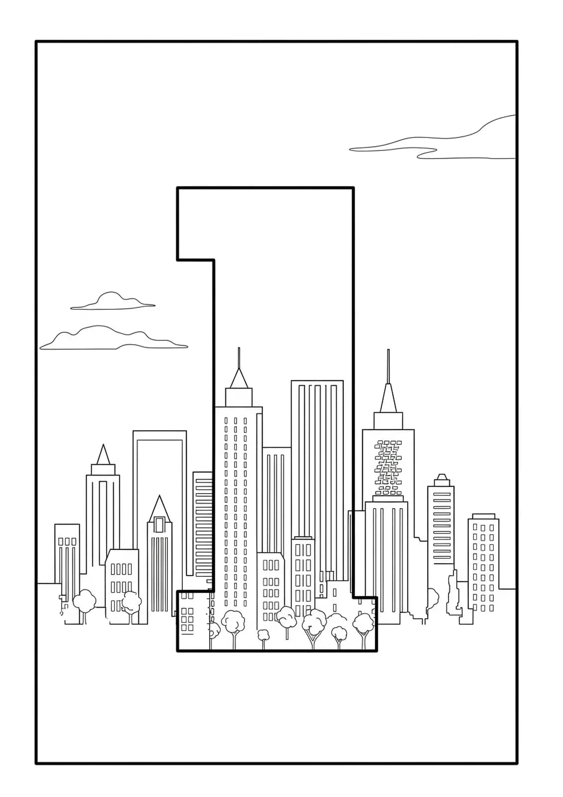 Letter I with a city skyline, easy coloring for teens