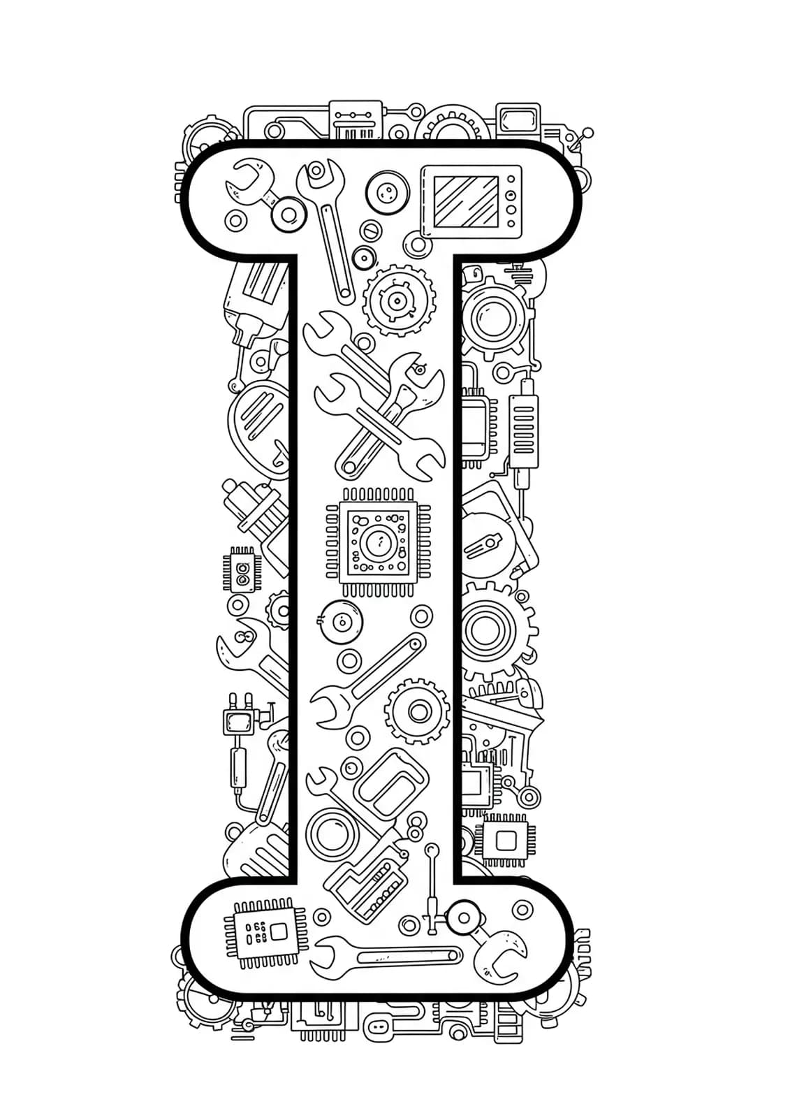 Letter I decorated with wrenches, circuit boards, and tech gadgets, medium detail line art for teens.
