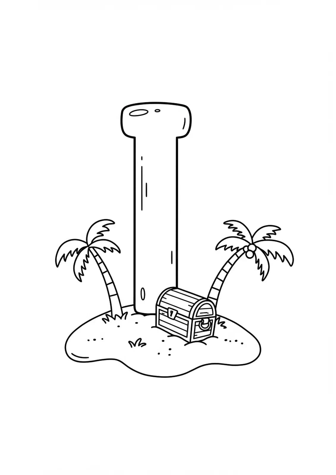 Letter I on a small island with palm trees and treasure, easy fantasy coloring page