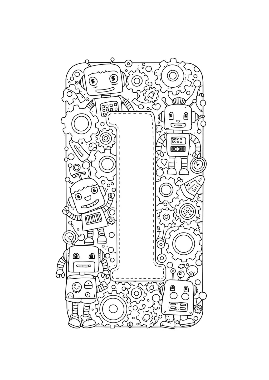 Large letter I with several simple robot characters and gears for coloring.