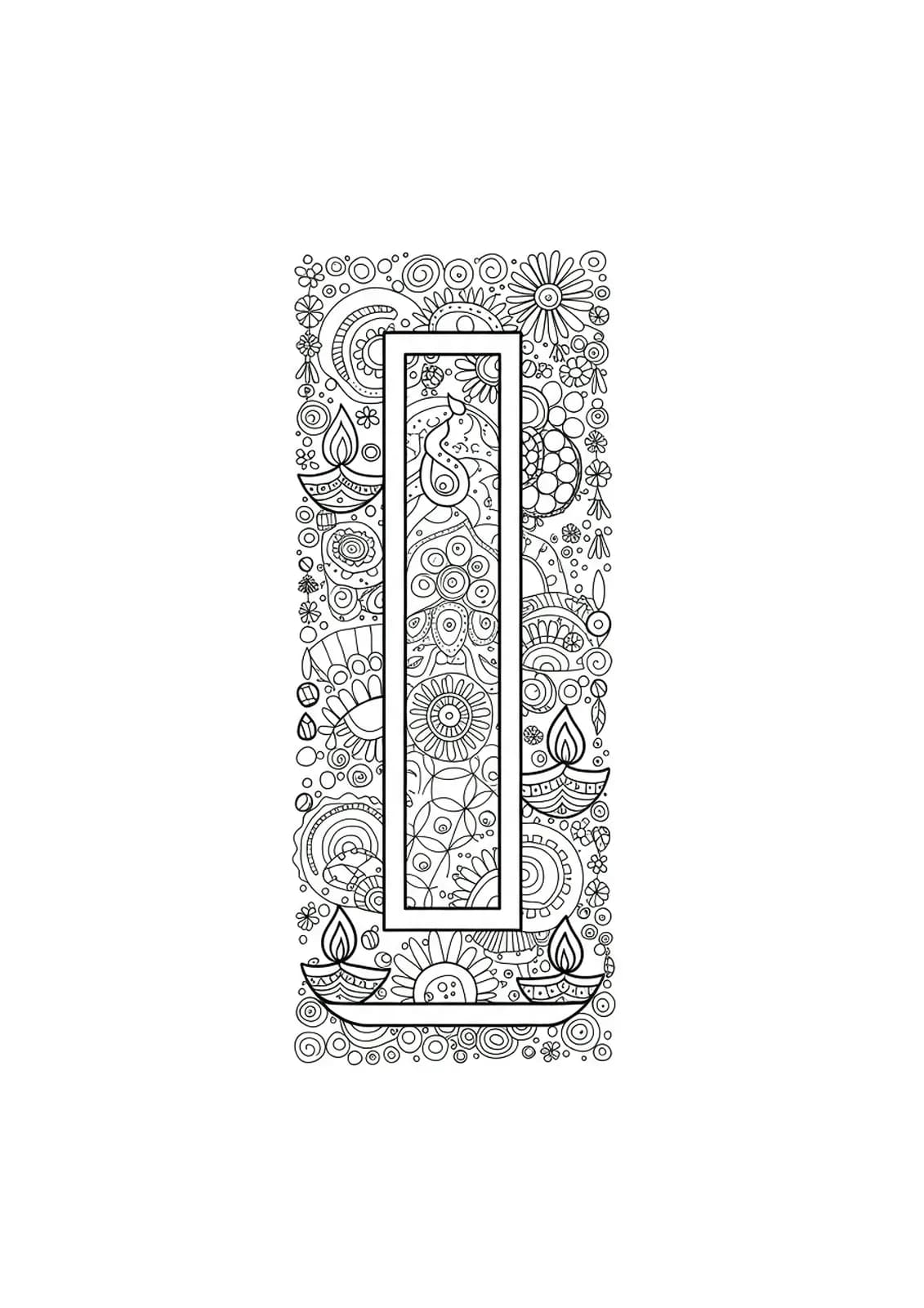 Coloring page of letter I with Indian festival decorations like lamps, rangoli, and garlands for elementary children.