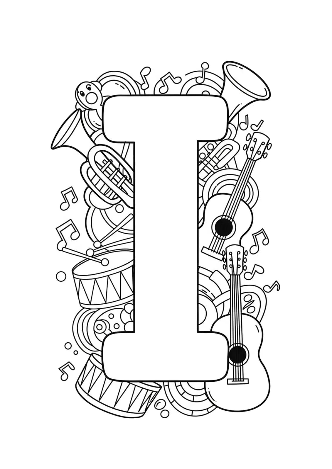 Large letter I with several musical instruments around it for coloring.