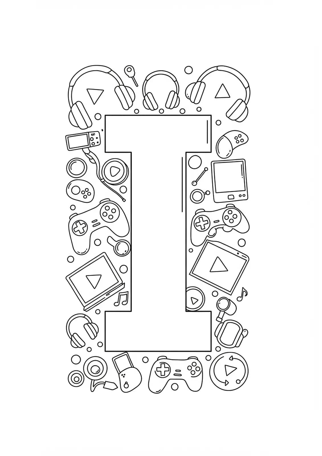 Letter I with easy gaming icons like controllers and headphones for teens