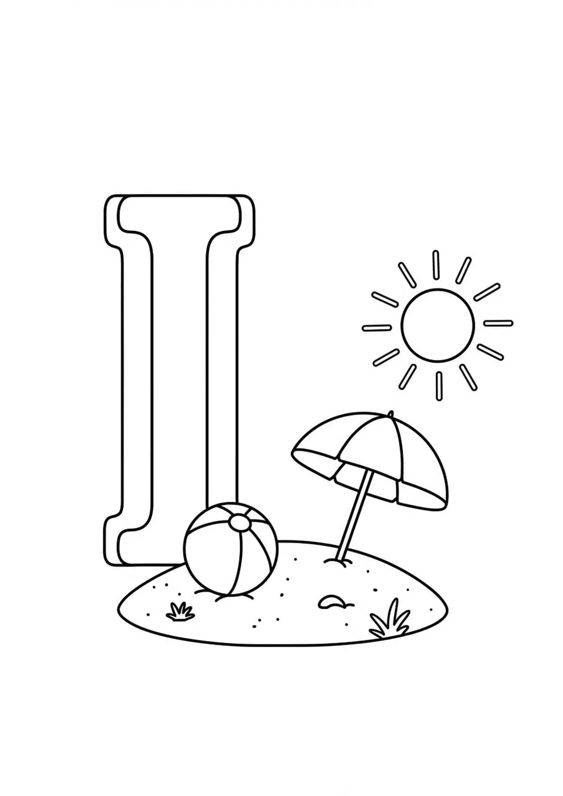 Letter I next to a sunny island with beach ball and umbrella, easy travel coloring page