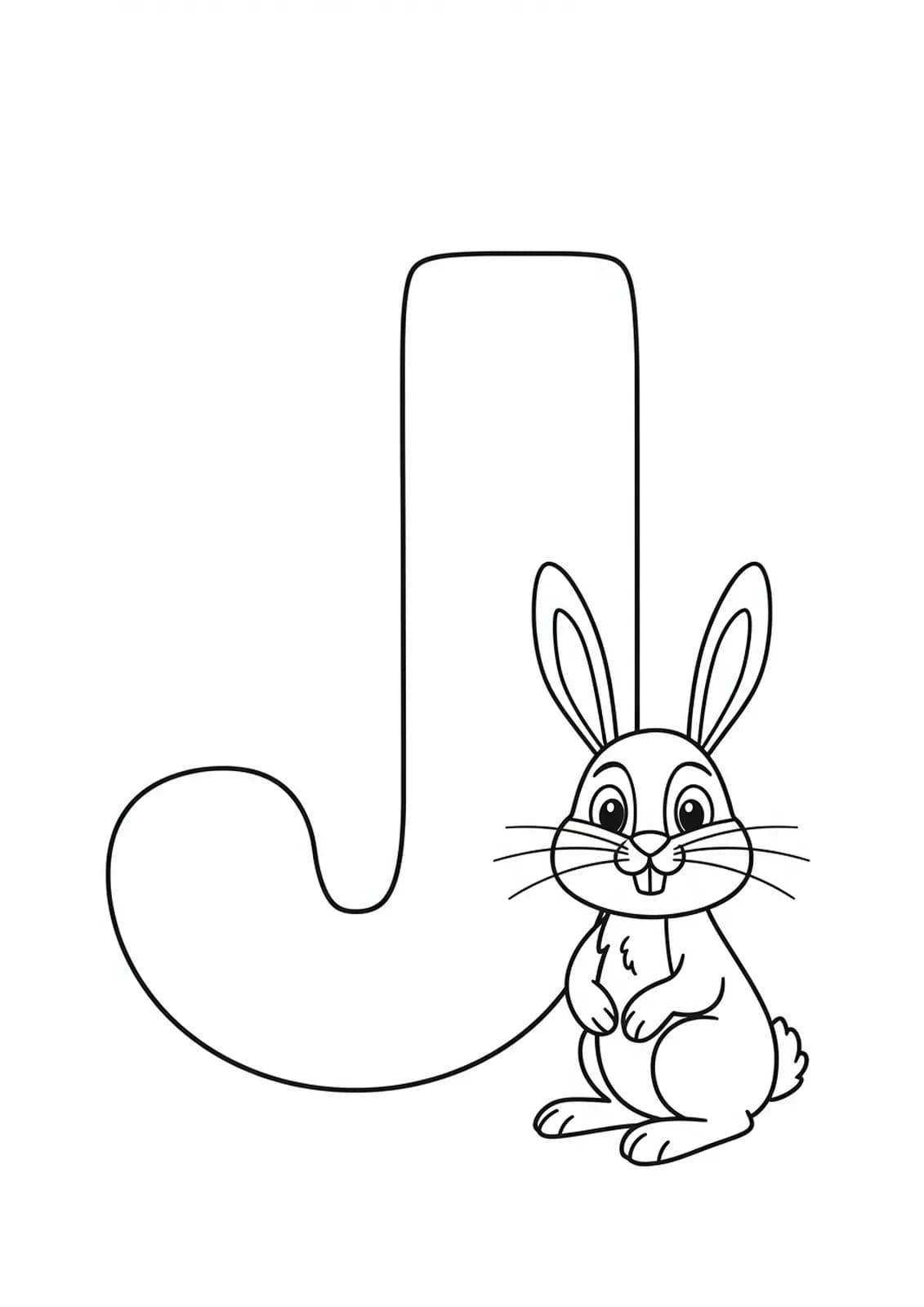 Simple coloring page of a big letter J with a happy jackrabbit sitting beside it.